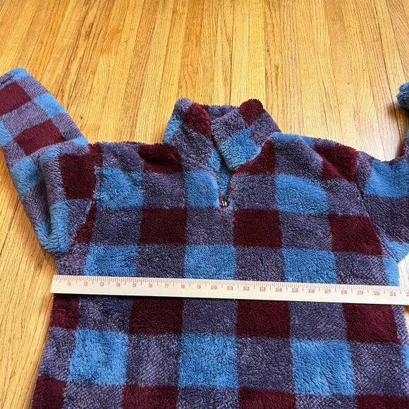 Eddie Bauer Fleece Womens Large Ultra Soft Plush Plaid Quarter Zip Blue Maroon - Picture 8 of 9